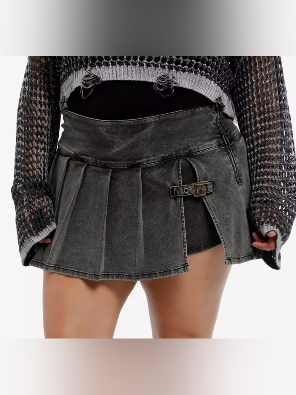 Hot Topic Washed Black Pleated Mini Skirt with Side Buckle Detail